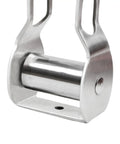 Close-up of metal pulley from Backyard Zip Line Kit With Tree Protector Pulley For Kids And Teens, All In One Outdoor Playset.