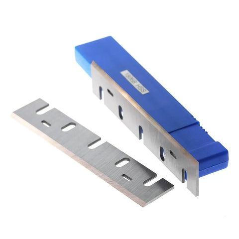 High Speed Steel Planer Blades Pair Sharp Replacement Knives For Woodworking Machine Workhorse Grade with blue protective holder.