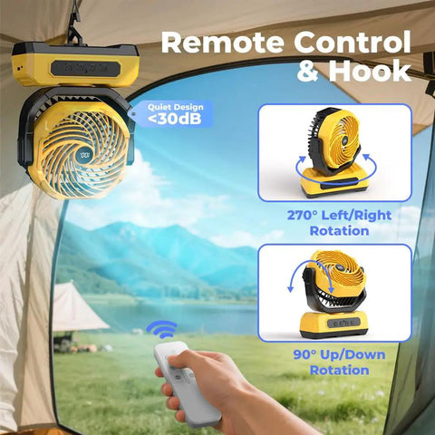 30,000mAh Portable Camping Fan With RGB Lantern Rechargeable Battery Oscillating Air 4 Speed Settings LED Display Remote
