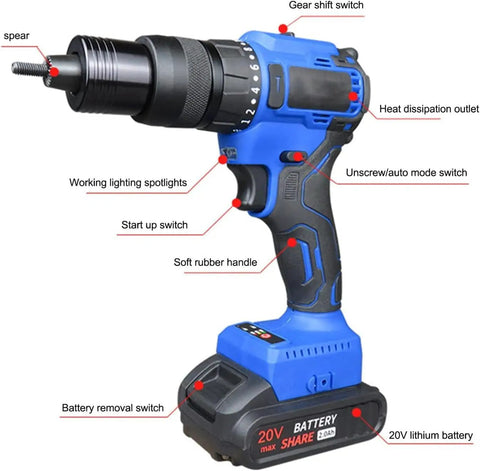 Heavy Duty 20V Cordless Rivet Gun With Brushless Motor And 4000mAh Battery, showing controls and features for mechanic jobs and upgrades.