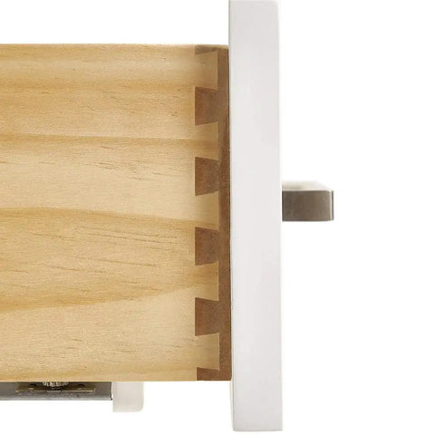 Side view of Straight Up Premium 55 Inch Single Sink Bathroom Vanity Built From Real American White Oak Solid Wood cabinet joint detail.