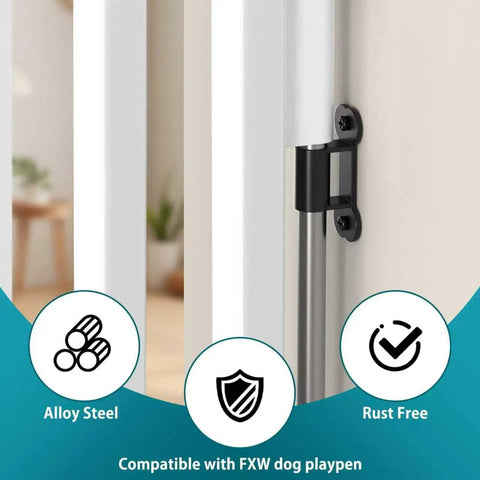 Four Pack Black Fence To Wall Anchors Securely Lock Down Dog Playpen And Pet Gates Compatible With FXW Systems, alloy steel clip on white wall.