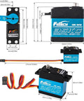FEETECH 35KG digital servo; blue aluminum housing, 180° rotation, for 1/8–1/10 RC cars (front/side views)