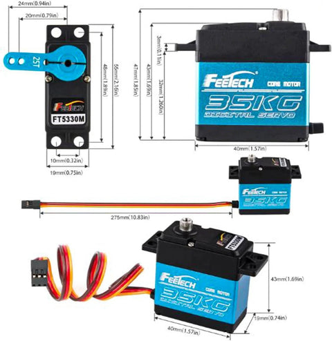 FEETECH 35KG digital servo; blue aluminum housing, 180° rotation, for 1/8–1/10 RC cars (front/side views)