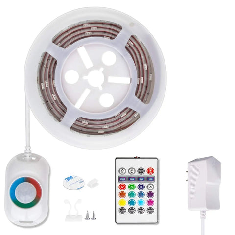 Under Bed LED Lights With Motion Activated Sensor, dimmable warm white 3000K strip, remote, adapter, and clips shown.