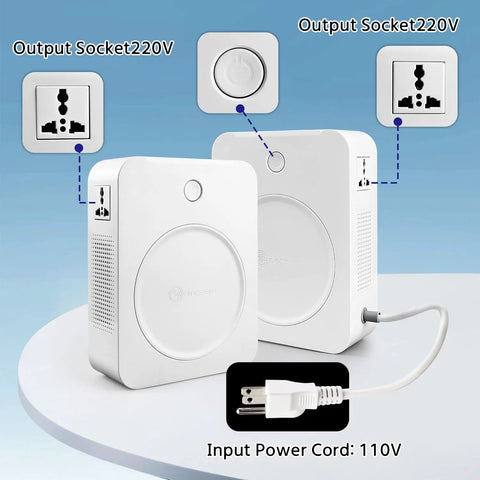 Dual 2000W 110V To 220V Step Up Transformer Voltage Converter with 220V sockets ideal for travel and home use.