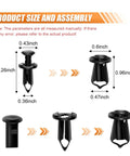 Product size and assembly details for Badass Garage Ready Heavy Duty Auto Bumper Fender Liner Push Clip U Nut Bolt Fastener Rivet Repair Kit.