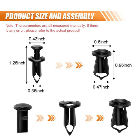 Product size and assembly details for Badass Garage Ready Heavy Duty Auto Bumper Fender Liner Push Clip U Nut Bolt Fastener Rivet Repair Kit.