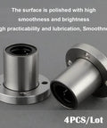 Six Millimeter Bore Flange Linear Bearing LMF6UU Double Sealed For Smooth As Butter Motion On Six Millimeter Linear Shafts For CNC Machines And 3D Printers Pack Of Four shown in polished chromium steel.