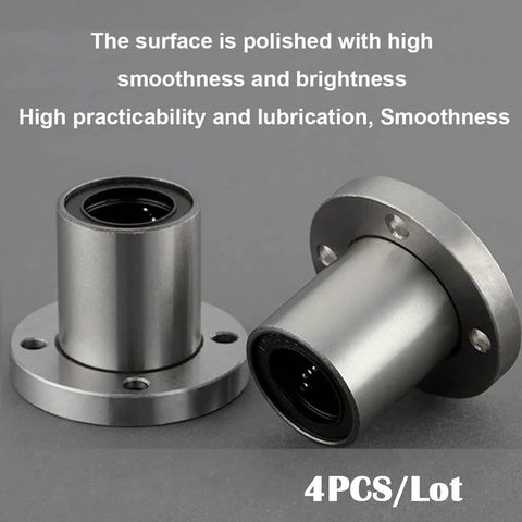 Six Millimeter Bore Flange Linear Bearing LMF6UU Double Sealed For Smooth As Butter Motion On Six Millimeter Linear Shafts For CNC Machines And 3D Printers Pack Of Four shown in polished chromium steel.
