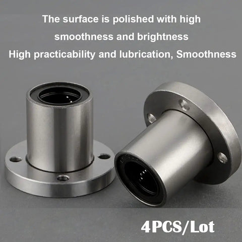 Rock Solid Linear Ball Bearings Lmf8uu Eight Millimeter Round Flange Bushings Featuring Dual Rubber Seals For Dang Smooth Shaft Glide In Hardcore Cnc Machines And Three D Printers Four Pack close-up of polished chrome steel flange bushings