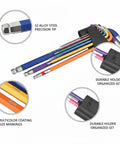 Durable S2 Alloy Steel Hex Key Set With Multicolor Allen Wrenches For Furniture Assembly And Mechanical Repair Tasks That Never Slip Or Bend The Best 9-Piece Kit You Need To Get Stuff Done Fast. Color-coded S2 alloy steel hex key set in holder, 9-piece
