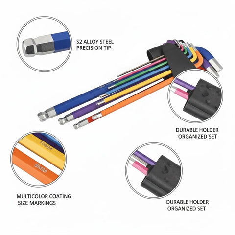 Durable S2 Alloy Steel Hex Key Set With Multicolor Allen Wrenches For Furniture Assembly And Mechanical Repair Tasks That Never Slip Or Bend The Best 9-Piece Kit You Need To Get Stuff Done Fast. Color-coded S2 alloy steel hex key set in holder, 9-piece