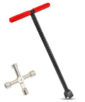 Heavy Duty 16 Inch Water Meter Key With Four Way Multi Functional Valve Shutoff Tool For Main Water Meter Contractor Grade Built Tough Steel By CIZTADA displayed with red handle and four-way key.