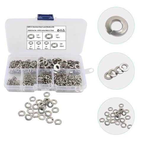 Open box of Premium Stainless Steel Lock Washers Set 350 Pcs Assortment For Screws And Bolts In A Handy Plastic Box