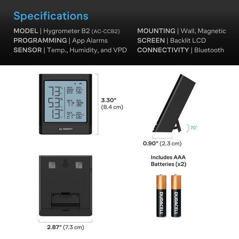 Smart Temp Humidity VPD Hygrometer B2 With LCD Display and Bluetooth App Monitor, shown with dimensions and AAA batteries