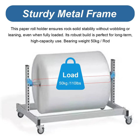 Kick Butt Heavy Duty Wrap Dispenser With Quick Cut Blade Adjustable Rolling Wrapping Paper Holder For Bubble Wrap And Gift Wrapping showing sturdy metal frame with a large roll load capacity of 50 kg.