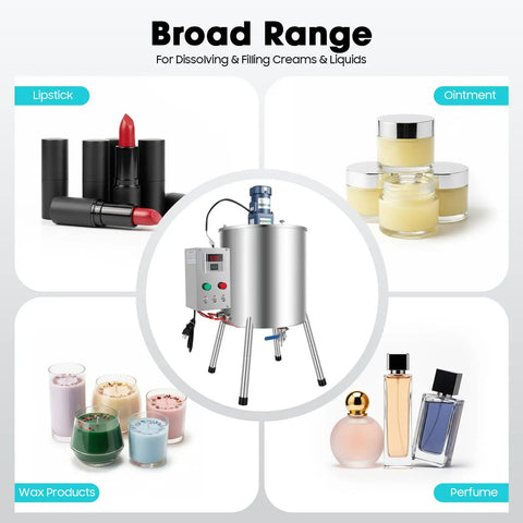 30L Heating Mixing Filling Machine For Paste, Cream, Lipstick, Wax And Candle Gels, Stainless Steel Tank, Copper Motor, Dual Heating Tubes