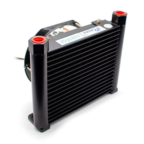 Beefy Flow 10 Liters Per Minute Oil Cooler And Hydraulic Air Cooling System with aluminum heat exchanger, black unit.