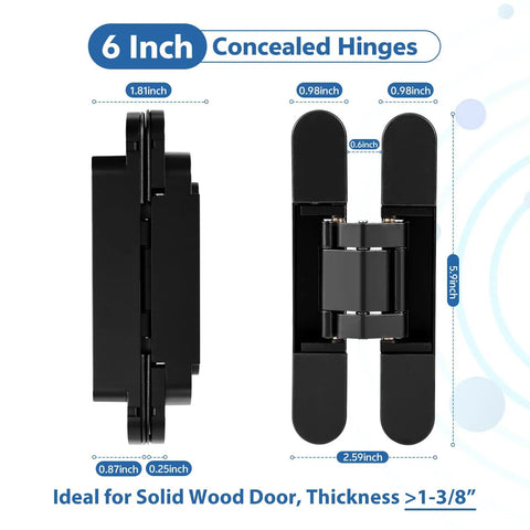 Heavy Hitter Hidden Door Hinges 2 Pack, 6 Inch Concealed Pivot Hardware For Secret Bookcase Entry displayed from side and front view, zinc alloy material.