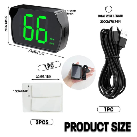 Straight Shot Gps Digital Speedometer For Car Wireless Dash Speed Tracker displayed with dimensions, USB cable, and sticky pads for attachment.