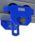 KARRYTON beam trolley on steel I-beam, blue, front view with adjustment knob