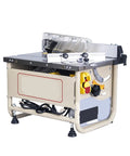 Badass Portable Woodworking Table Saw With Beefy Electric Motor And Quick 45 Degree Fence Locks For Dust Free Diy Carpentry And Slick Finish Cuts Around The House Today, showing side view of saw with blades and adjustable features.