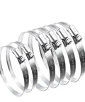 Six Piece Adjustable Stainless Steel Duct Clamp Set For Air Ducting 4 Inch And 6 Inch Pipe Clamps DIY Hose Clamp Kit Fits 3.58 To 4.48 Inches And 5.55 To 6.5 Inches showing clamps