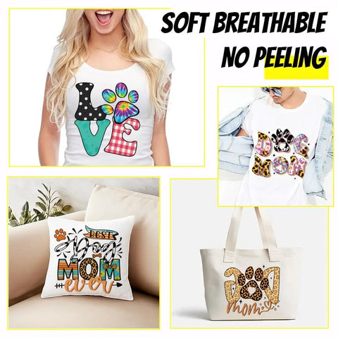 4 Pack Dog Mom Iron On Transfer Patches Set on T-shirts, pillow, and tote bag, colorful heat transfer stickers
