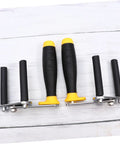 Rock Solid Two Piece Gypsum Board Lifter And Ceramic Tile Glass Carrier Pair with black and yellow adjustable handles.