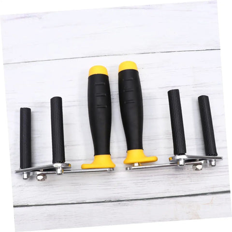 Rock Solid Two Piece Gypsum Board Lifter And Ceramic Tile Glass Carrier Pair with black and yellow adjustable handles.