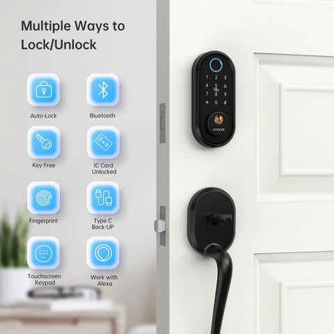 Slick Bluetooth Smart Deadbolt Featuring Quick Fingerprint Access And Touchscreen Keypad Plus Remote App Monitoring For Hassle Free Home Security Setup Black on door with icons for unlocking methods.