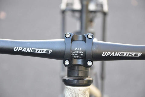 Beefy 25.4mm Handlebar Stem For 28.6mm Fork 32mm Aluminum Short Stem Front View, Four Bolt Clamp, Installed on Bike