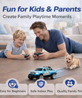 Family playing with Mini RC Truck 1/64 Scale Alloy Monster Truck With Lights indoors, showcasing its ease for kids and adults.