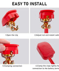 Pro Grade Performance Quick Release Top Post Battery Terminal Clamps With Weatherproof Boots installation steps on a gray background.