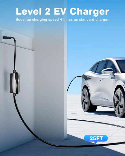 Portable Level 1 Plus Level 2 Electric Vehicle Charger Drops Straight Into Nema 6 20 Outlet And Blasts Out 16 Amp Fast Charge For J1772 Cars Zero Hustle Road Trip Ready Smooth Ride, charging a white EV with 25ft cable.