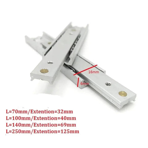 Top Shelf Side Mounted Ball Bearing Drawer Slides One Pair L140mm with measurements for full extension in silver.