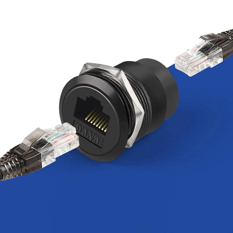 Hella Sleek Cat6 Rj45 Panel Mount Connector With Threaded Bulkhead Coupler for Lightning Fast Gigabit Ethernet, cylindrical design.