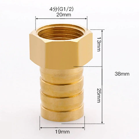 Two Pack Brass Hose Barb Fittings, Half Inch NPT Female To Three Quarter Inch Barb Adapter Connector with measurements