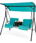 Two Person Porch Swing With Pivot Storage Table And Cooler Bag, Dual Cup Holders, Removable Cushions, Adjustable Canopy, Outdoor Patio Swing For Backyard Balcony Or Poolside, Turquoise