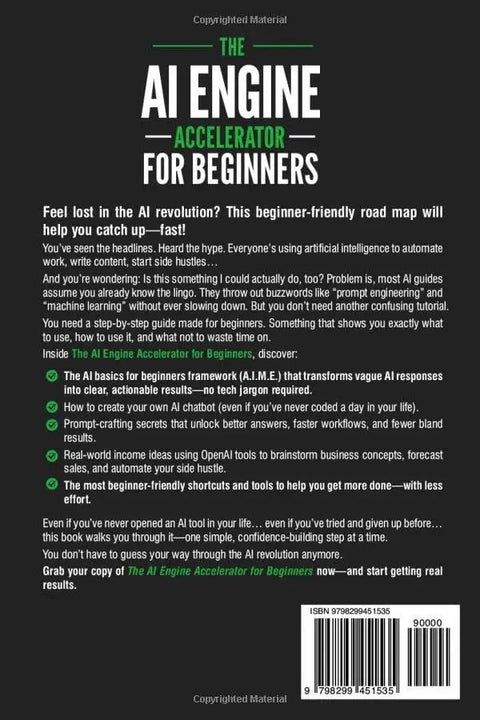 Back cover of 'The AI Engine Accelerator for Beginners' book with text about beginner-friendly AI roadmap and ISBN visible.