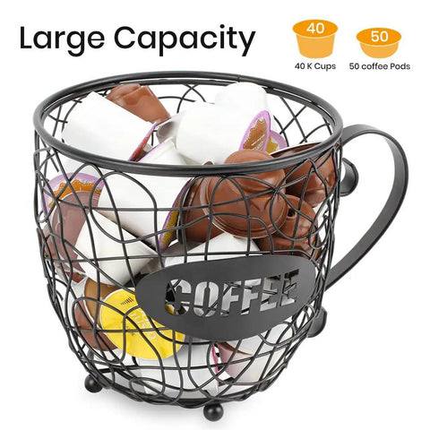 Massive K Cup Pod Holder For Countertop, High Capacity Coffee Pod Organizer, Black steel basket holding 40 K Cups
