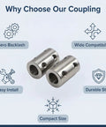 Stainless Steel 8mm To 8mm Shaft Coupler 2 Pack, Zero Backlash Rigid Coupler For NEMA 17 Stepper Motors, Lead Screws, CNC Drives, Built For 3D Printers, shown with zero backlash and durable steel