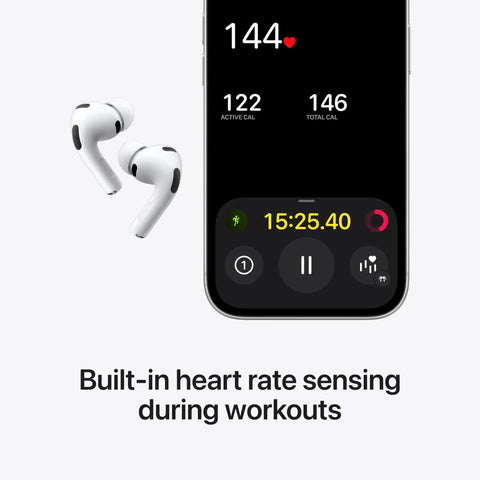 AirPods Pro 3 Wireless Earbuds With Elite Active Noise Cancellation next to smartphone screen displaying heart rate data