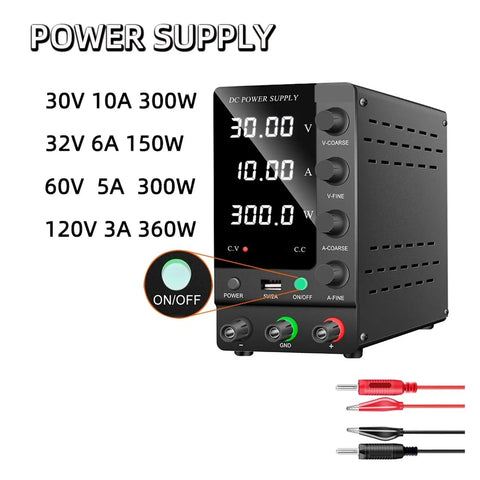 Dope Lab Grade DC Bench Power Supply 30V 10A Plus 60V 5A 120V Switching Regulated Dual Input Dual Display Low Ripple High Efficiency Compact Power Source For Motor Tests And Mobile Electronics Repair, black front view