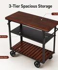 Smooth Rolling Three Tier Bar Cart With Sturdy Handle And Mobile Kitchen Microwave Rolling Stand With Chic Industrial Beverage Serving Design In Rustic Brown Metal And Wood, featuring three-tier shelves.