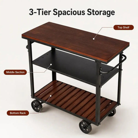Smooth Rolling Three Tier Bar Cart With Sturdy Handle And Mobile Kitchen Microwave Rolling Stand With Chic Industrial Beverage Serving Design In Rustic Brown Metal And Wood, featuring three-tier shelves.