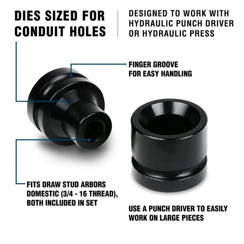 6-Piece Dimple Die Set Tool Kit For Conduit Knockouts with hydraulic punch driver compatibility, finger groove, sized for conduit holes
