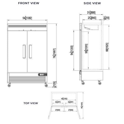 Hella Roomy Real Deal Commercial Kitchen Workhorse 49 Cubic Feet Solid Door Reach In Freezer dimensions front side top views