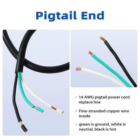 Two Pack 3 Ft 14/3 SJTW Appliance And Power Tool Cord, Heavy Duty 15 Amp 125V Replacement Cable With Pigtail End, ETL Listed NEMA 5-15P To Bare Wire, 14 AWG Three Conductor, 1875 Watts Max, 14 AWG pigtail power cord with stripped ends